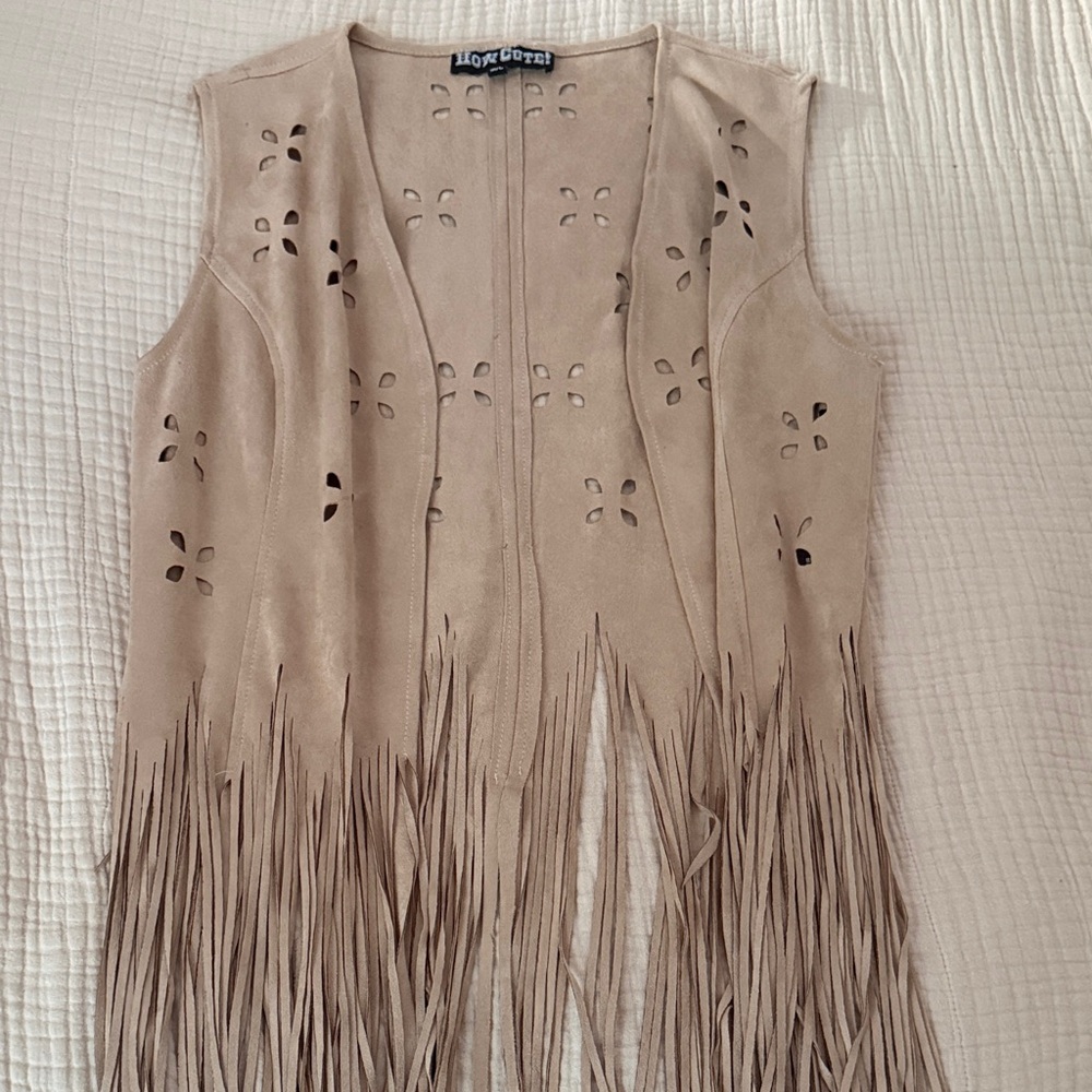 Love Token Beige Fringe Suede Vest with Laser-Cut Details